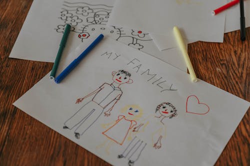 Close-up of a Child's Drawing of a Family on Paper