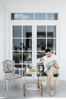 Man enjoying breakfast on a terrace with coffee, croissants, and newspaper.