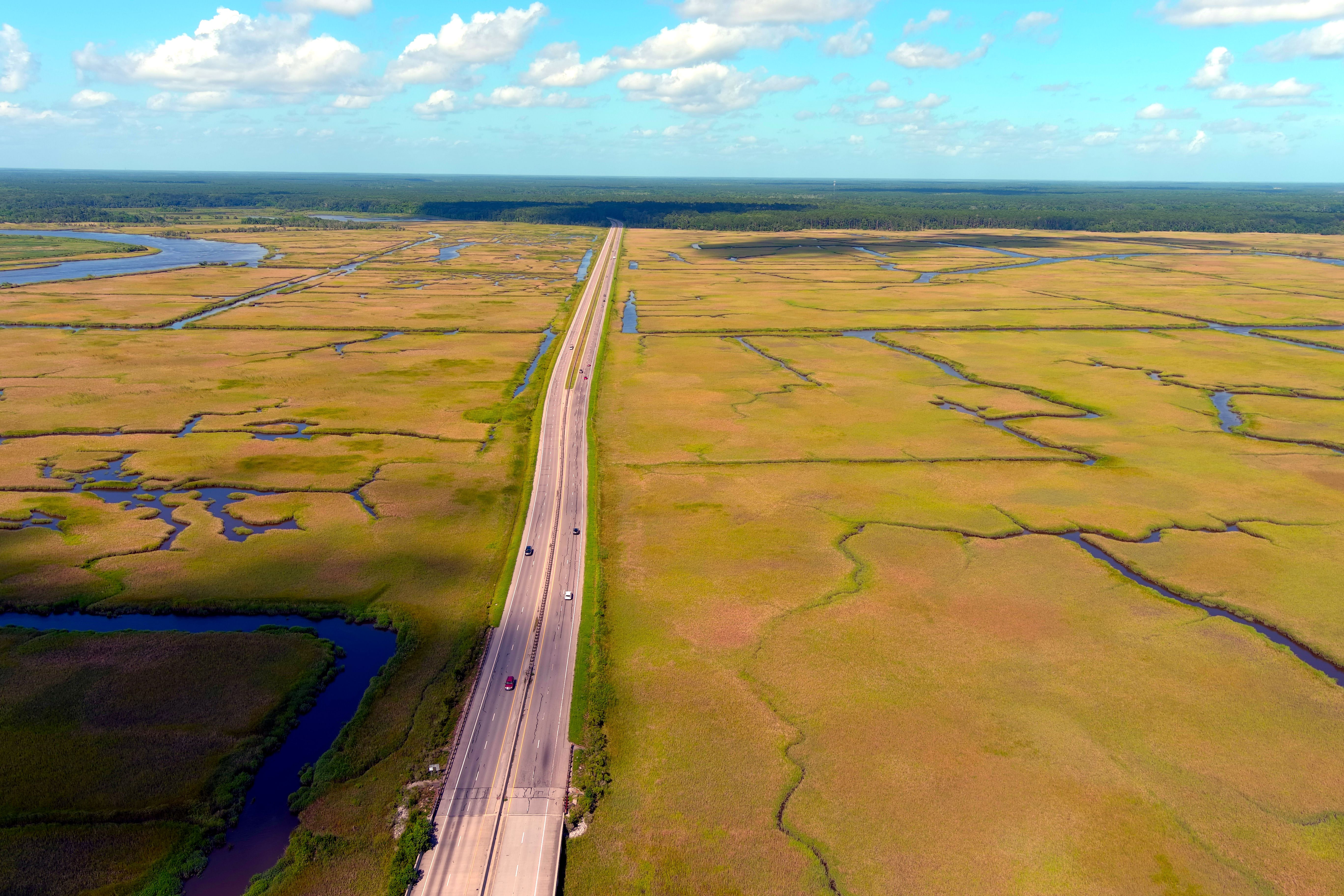 Cars on a highway through South Carolina marshlands