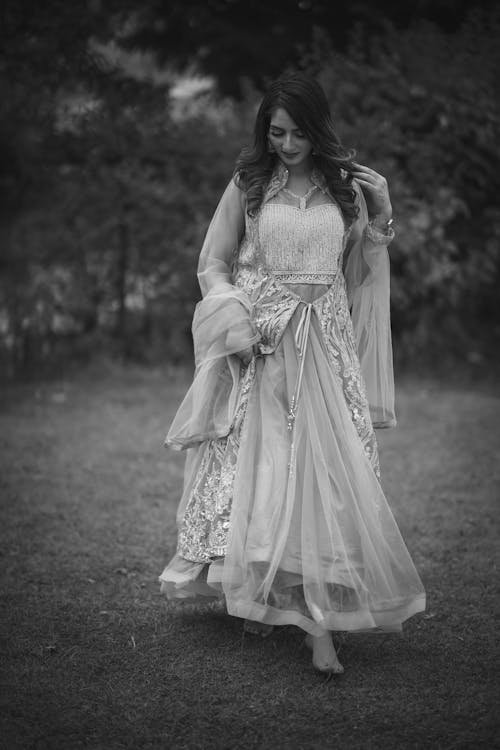 Grayscale Photo of Woman in White Bridal Dress