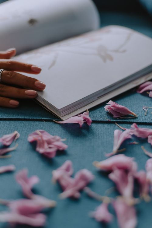 Free Artistic shot of an open book with pink petals on turquoise textured surface. Stock Photo
