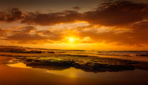 Free Breathtaking view of a sunset over a serene beach with dramatic clouds and golden reflections on water. Stock Photo