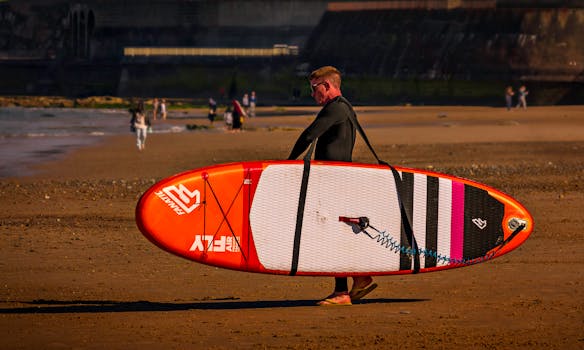 A man in a wetsuit carries a surfboard on a sandy beach, showcasing a seaside adventure.