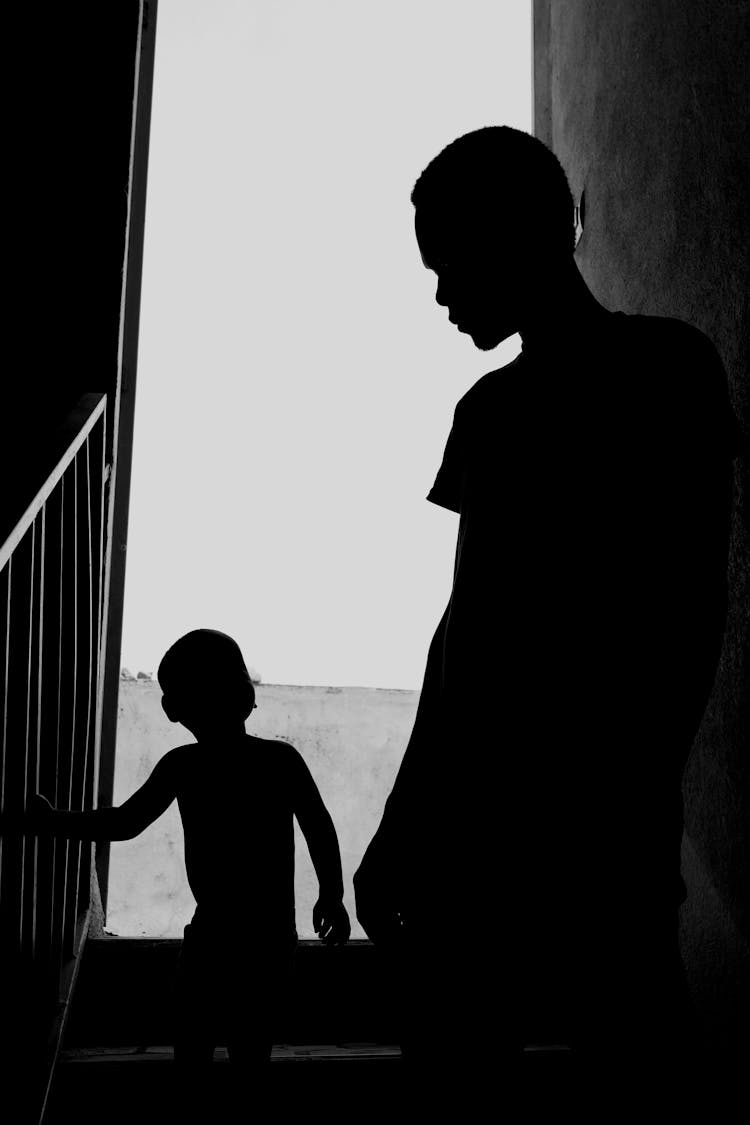 Silhouette Of Man And Child On The Steps