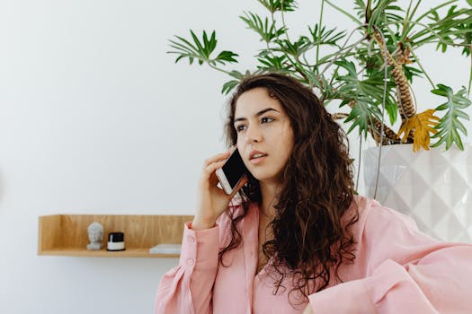Confident young woman talking on smartphone in a modern interior with green plant background.