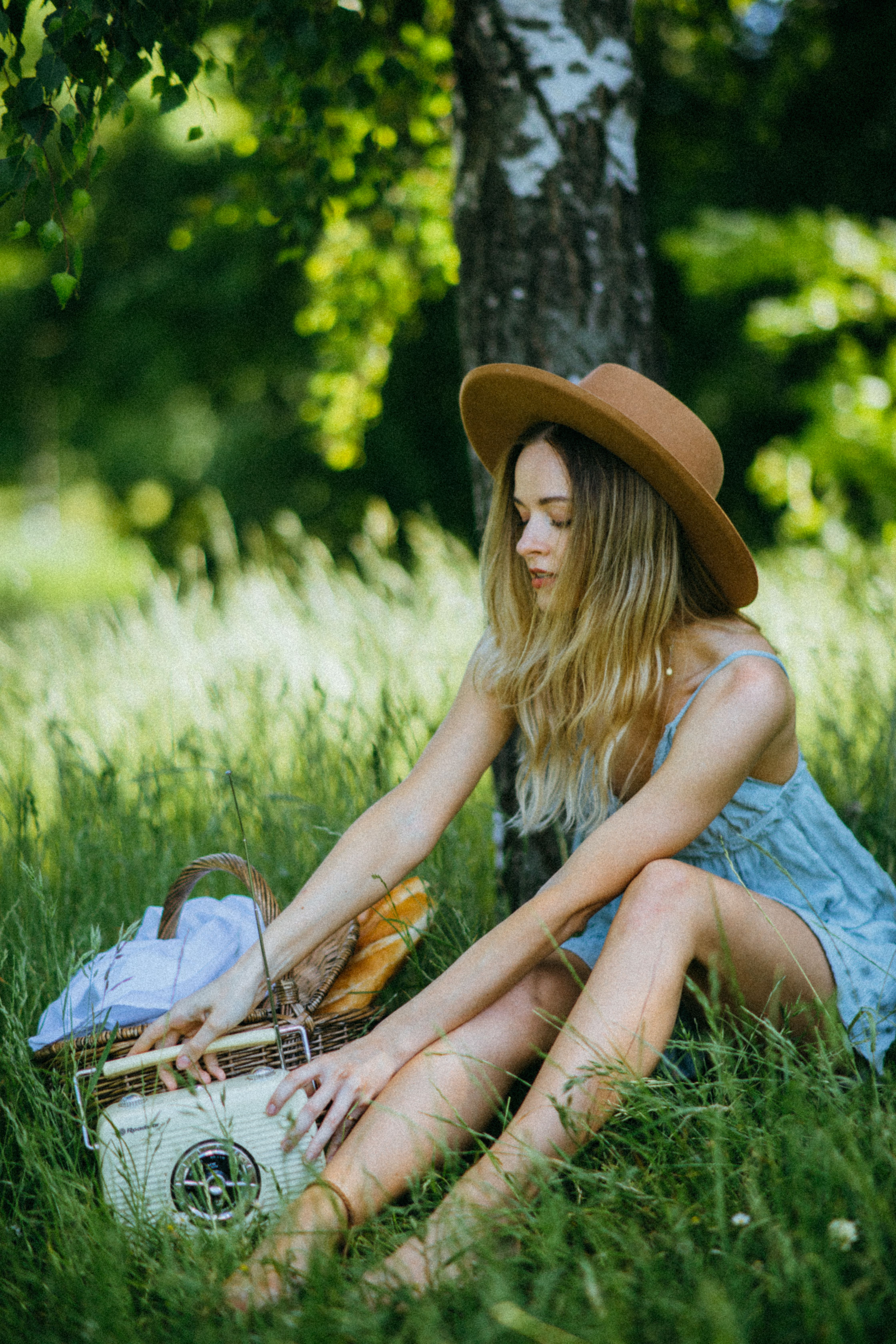 Woman in Blue Dress Sitting on Green Grass near Tree · Free Stock Photo