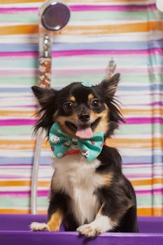 Cute Chihuahua wearing a festive bowtie in a colorful indoor setting, perfect for pet portraits.
