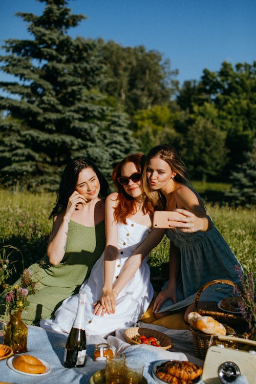 Woman in Blue Dress Taking Groupie with Friends