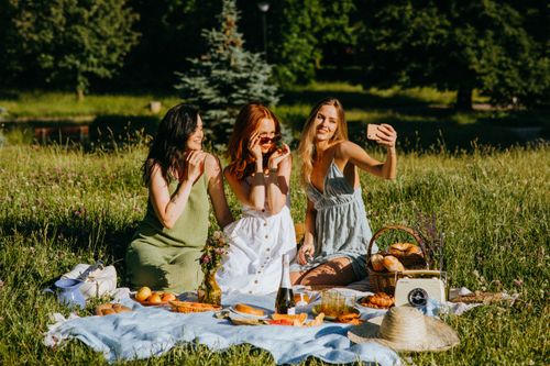 Free Three women enjoying a summer picnic in a park, capturing a selfie together. Stock Photo