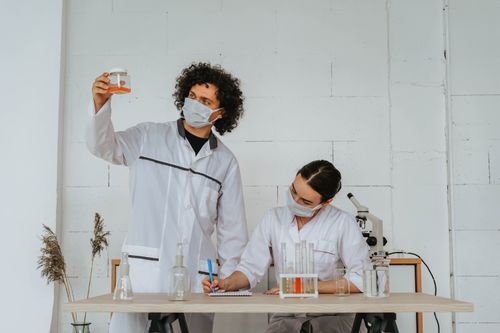 Free Two scientists in lab coats and face masks conduct an experiment in a laboratory setting. Stock Photo