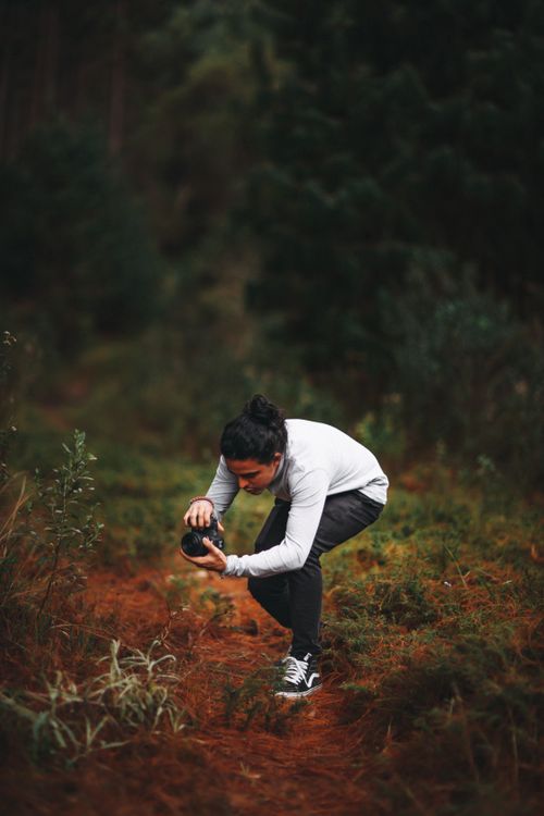 Free A young male photographer crouches in a forest capturing the essence of nature with his camera. Stock Photo