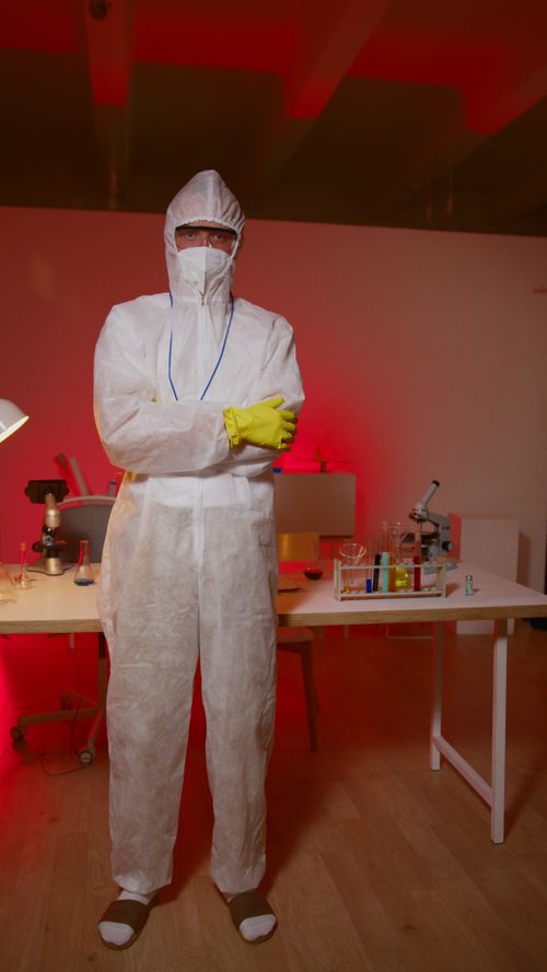 Free Scientist in protective gear standing in laboratory with red lighting. Stock Photo
