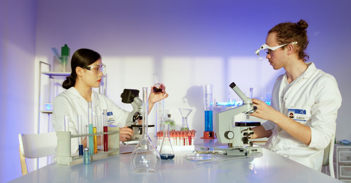 A diverse group of students working together on a science project in a university lab, with microscopes and whiteboards