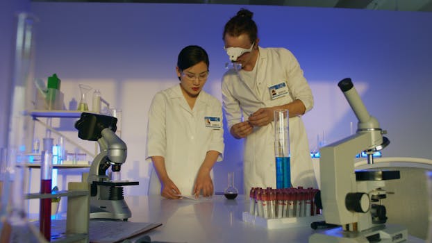 Two scientists in a lab conducting experiments with microscopes and test tubes.