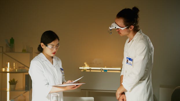 Two scientists in lab coats discussing research in a high-tech laboratory setting.