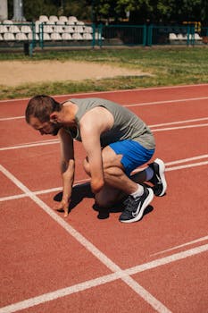 Amputee runner on a track getting ready for a run, showcasing determination and athleticism.