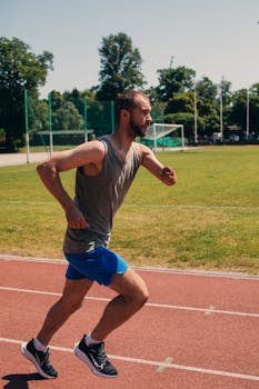 Empowered amputee runner in motion on outdoor track by day, embodying fitness and determination.