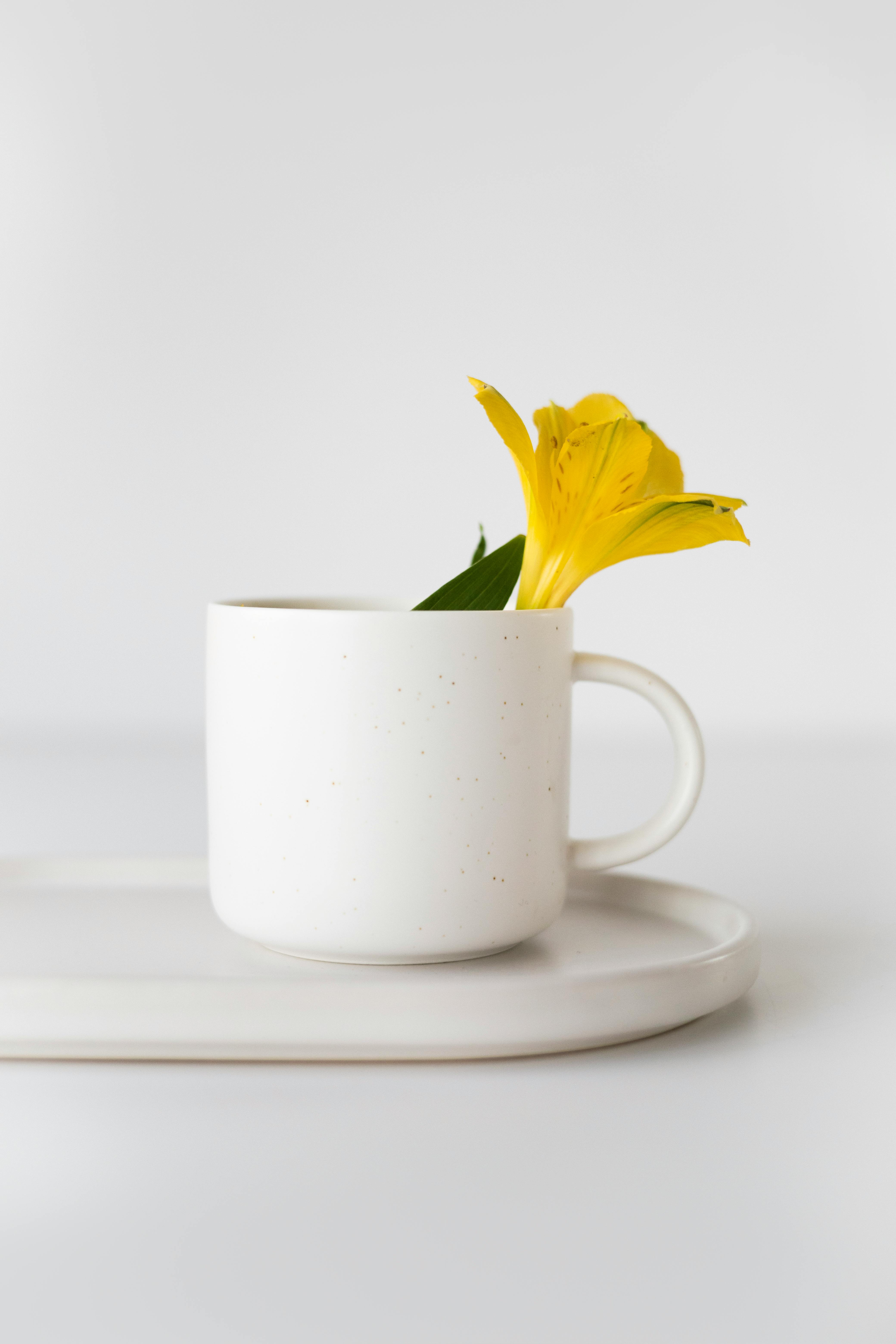 White ceramic mug with a yellow flower on a white tray, minimalist design.