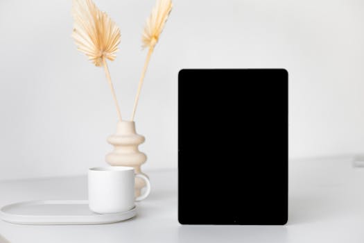 A modern minimalist desk setup featuring a tablet, vase with dried leaves, and a white cup.