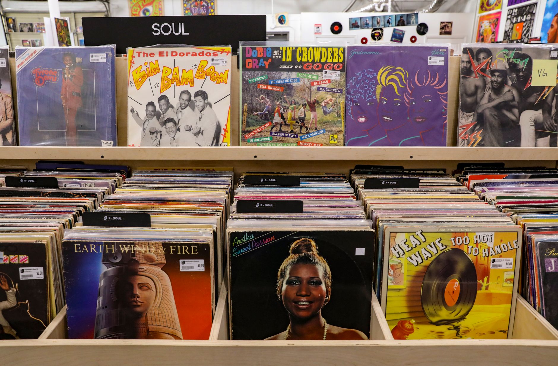 Explore vintage soul records displayed at a Tulsa record store, featuring iconic album covers.