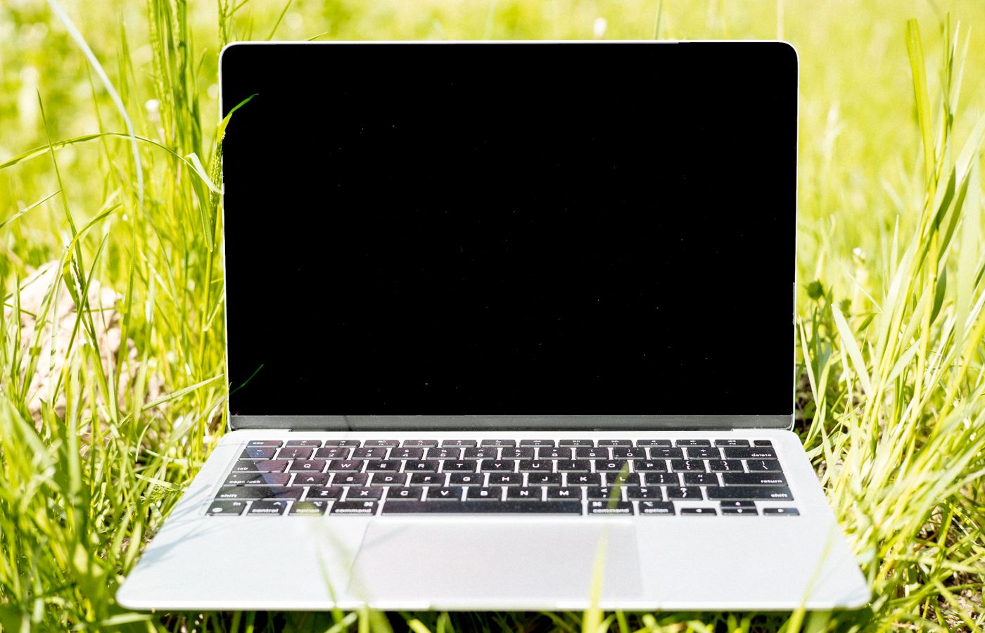 Laptop on green grass in sunlight. Ideal for remote work and technology themes.