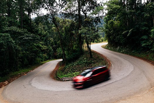 A red car speeding through a winding forest road in São Bento do Sapucaí, Brazil.