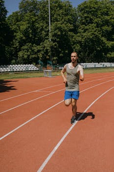 Adult male athlete running on an outdoor track on a sunny day.