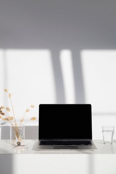 A clean and sunny minimalist workspace with a laptop, glass of water, and decorative vase.