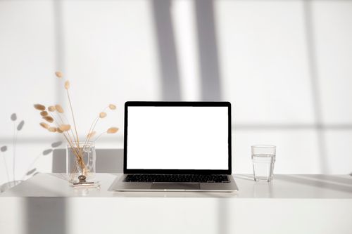 Free Elegant minimalist workspace featuring a laptop, glass vase with dry plants, and glass of water on a white desk. Stock Photo