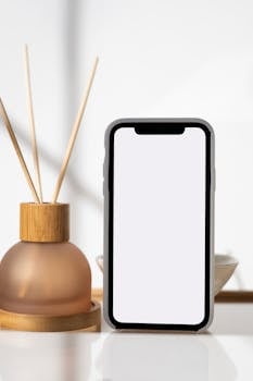 Minimalist setup showcasing a smartphone with blank screen alongside a stylish decorative vase.
