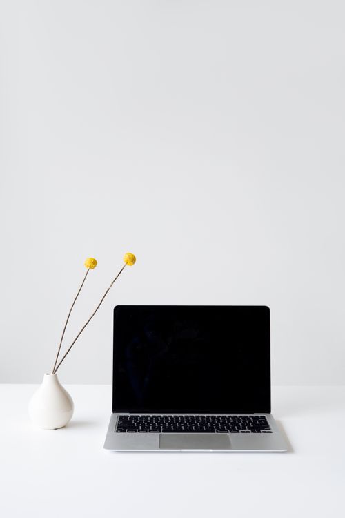 Free Simple workspace featuring a laptop and ceramic vase, perfect for minimalism enthusiasts. Stock Photo
