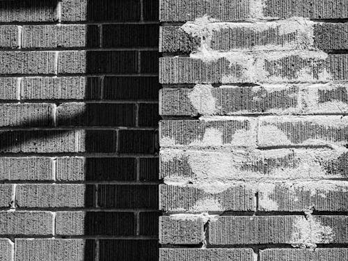Grayscale Photo of a Brick Wall