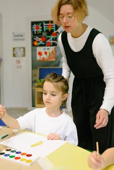 Young girl painting with teacher's guidance in an art class. Educational and creative setting.
