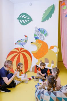 A vibrant preschool classroom with children engaged in activities and playful wall art.