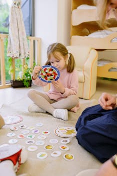 Young girl participates in a fun, educational indoor game at kindergarten.