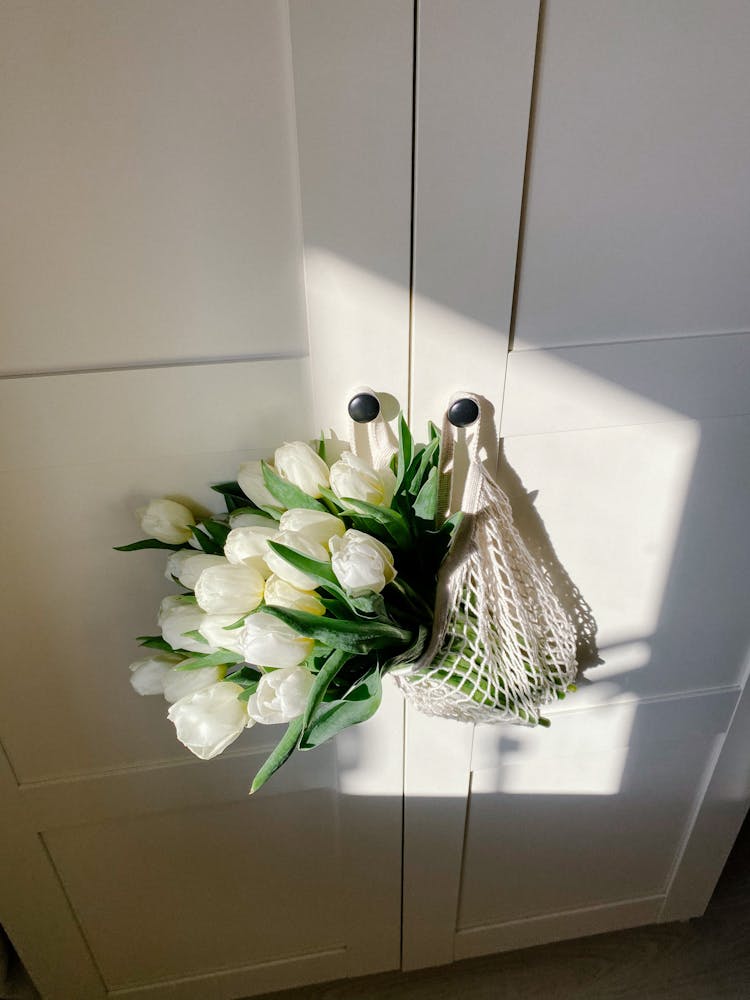 White Tulip Bouquet Hanging On A Cabinet Door Knob Lit By Sunlight