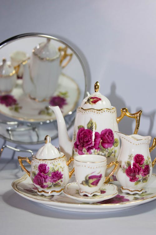 Free White Ceramic Tea Set with Purple Flowers Stock Photo