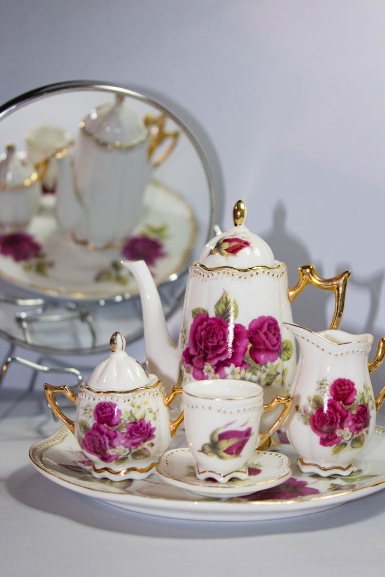 White Ceramic Tea Set With Purple Flowers