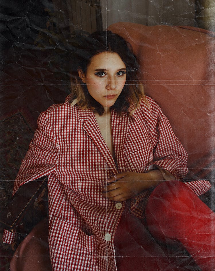 Old Photo Woman In Red And White Checkered Coat