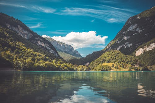 Free Mountains with Green Trees Near Body of Water Stock Photo
