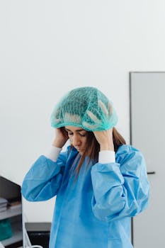 Female healthcare worker in lab adjusting protective cap and gown, focused and professional.