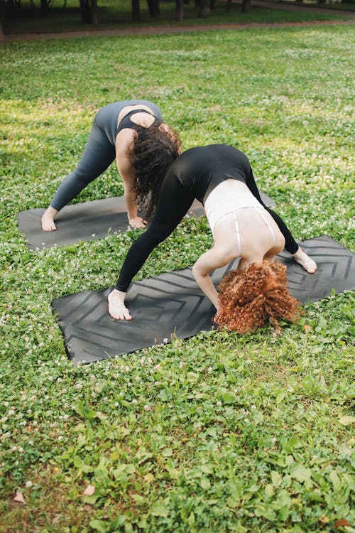 Women Doing Yoga on Green Grass