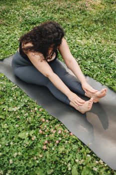 Adult woman stretching on yoga mat in a park, set amidst lush greenery, showcasing a healthy lifestyle.