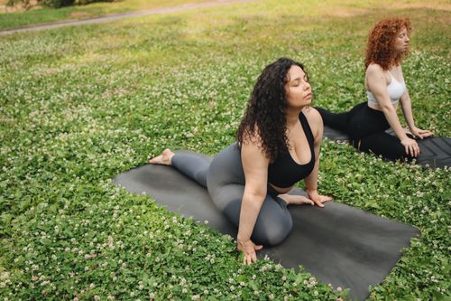 Free Two women in activewear practicing yoga on mats in a grassy field. Wellness and outdoor fitness. Stock Photo
