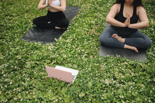 Two women practicing yoga in the park using a laptop for guidance. Ideal for health and lifestyle content.