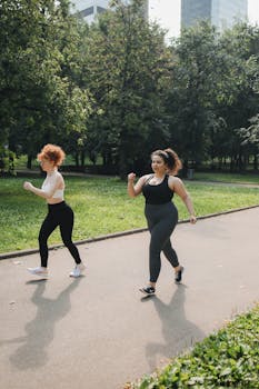 Two women power walking on a park path, enjoying outdoor fitness.