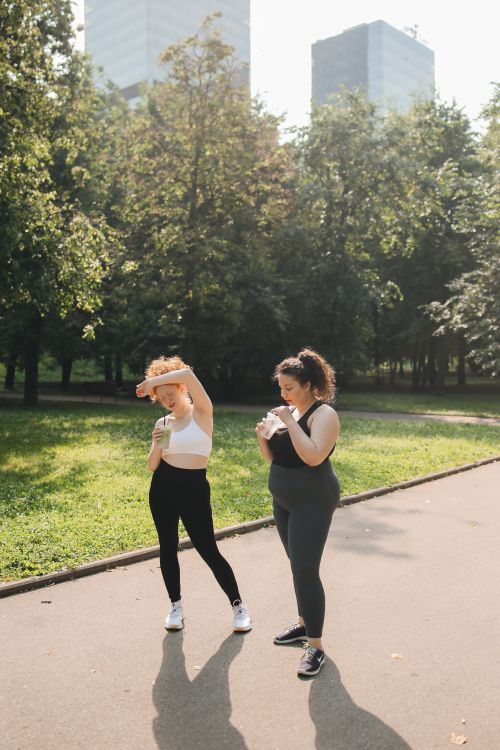 Free Two women in activewear resting in a sunny park, capturing a relaxed outdoor moment. Stock Photo