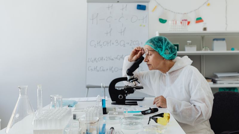 Scientist in protective gear using a microscope for research in a modern laboratory.