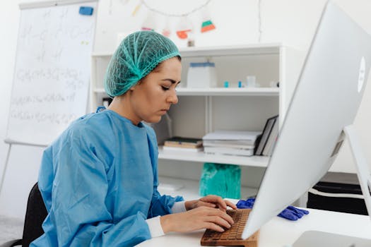 A female healthcare professional in scrub suit working on a computer in a laboratory setting.