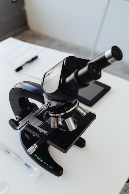 Close-Up View of a Microscope on the Table